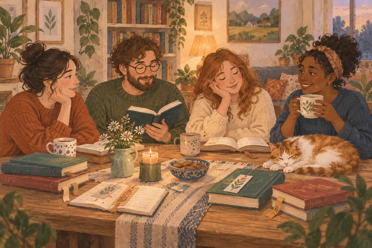 Ilustracja domowego spotkania czytelników z książkami i zakładkami przy wspólnym stoliku.